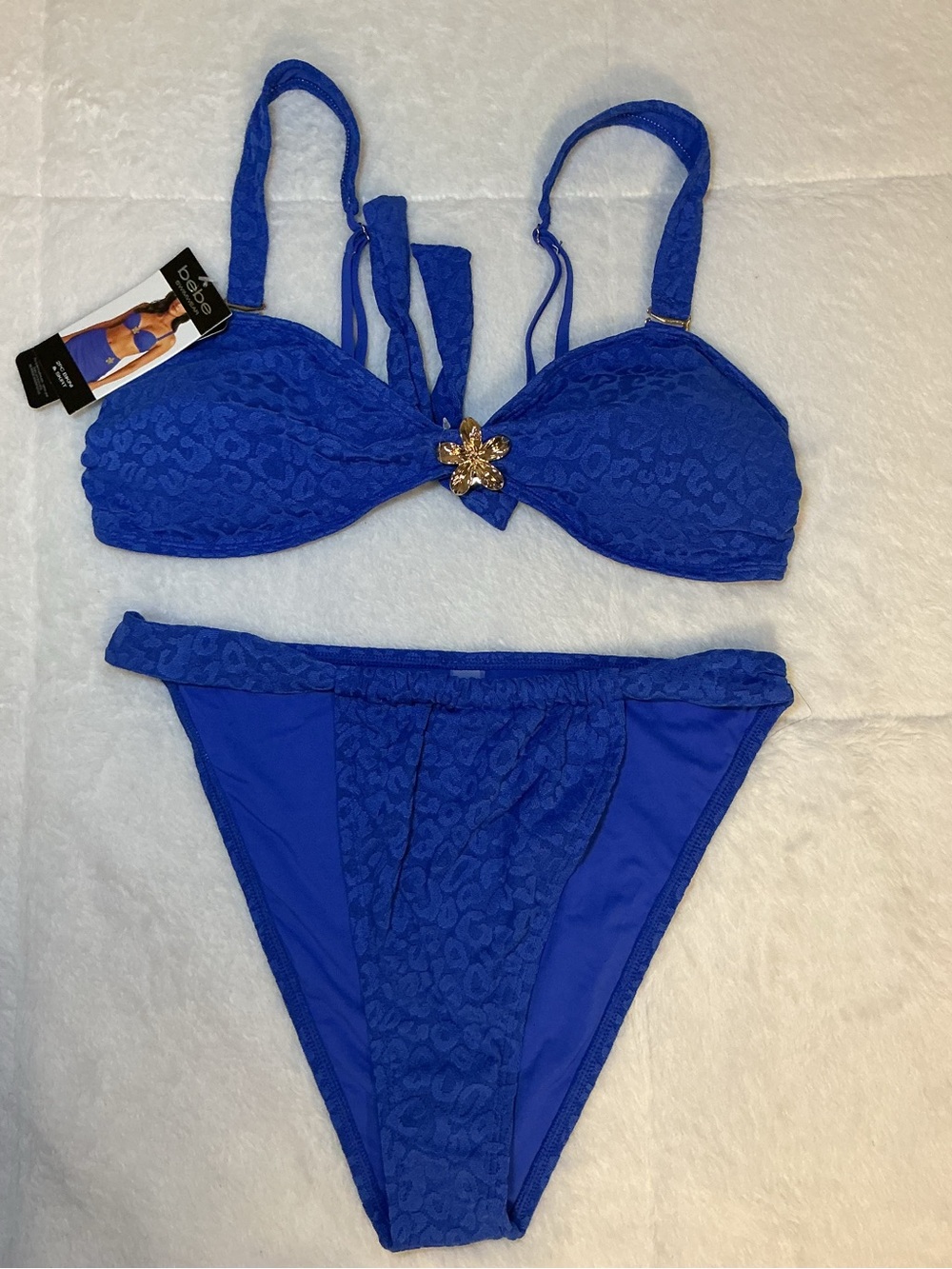 bebe Cobalt Blue Bikini Set with Gold Flower Accents - Picture 2 of 11